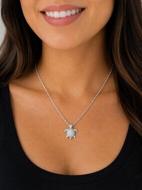 925 Sterling Silver Turtle Charm Necklace, 18” length, head is a hidden bail